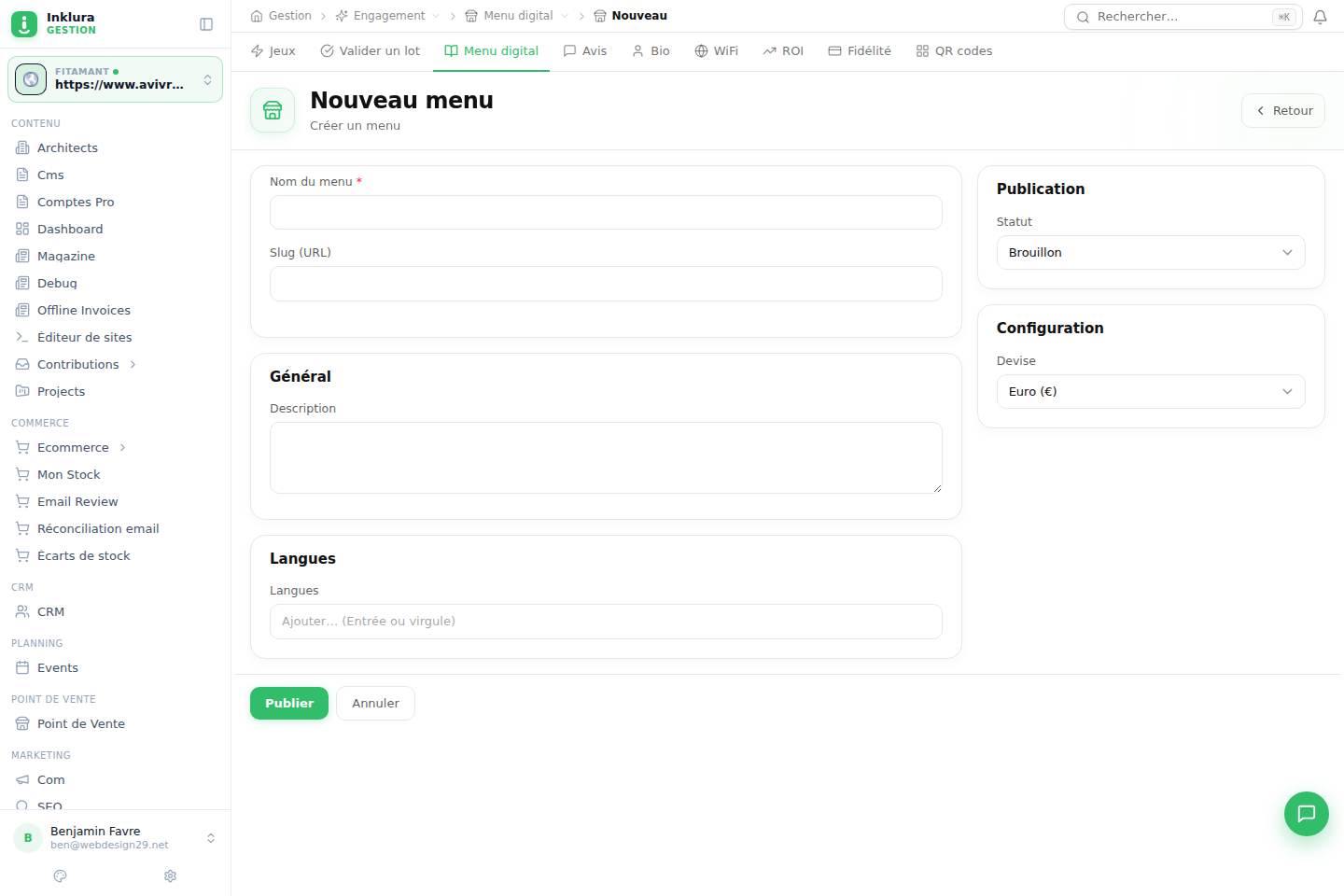 Engagement — Créer — Menus