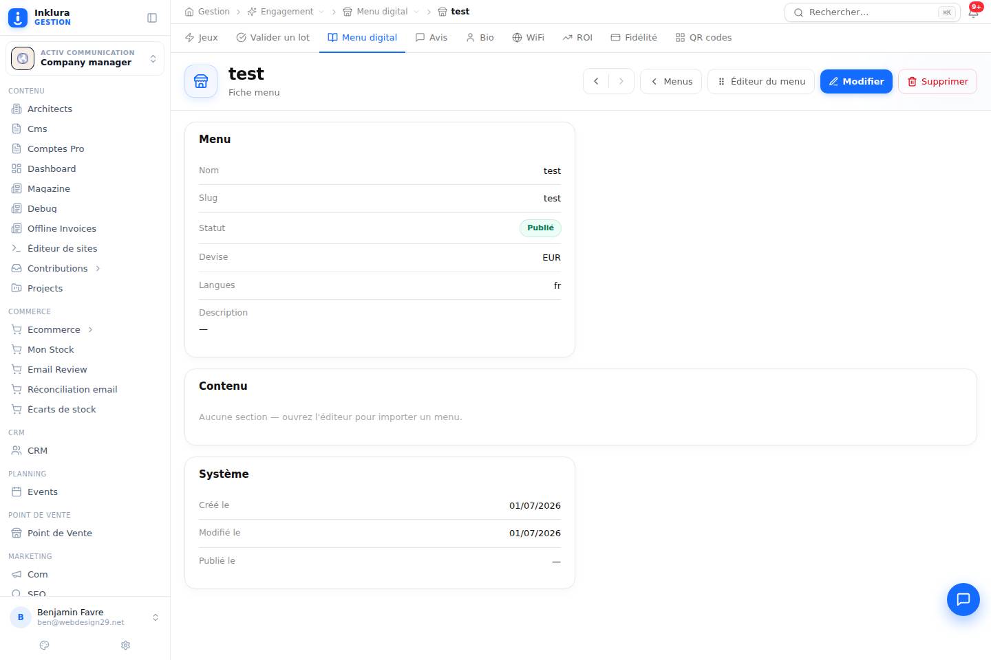 Engagement — Fiche — Menus