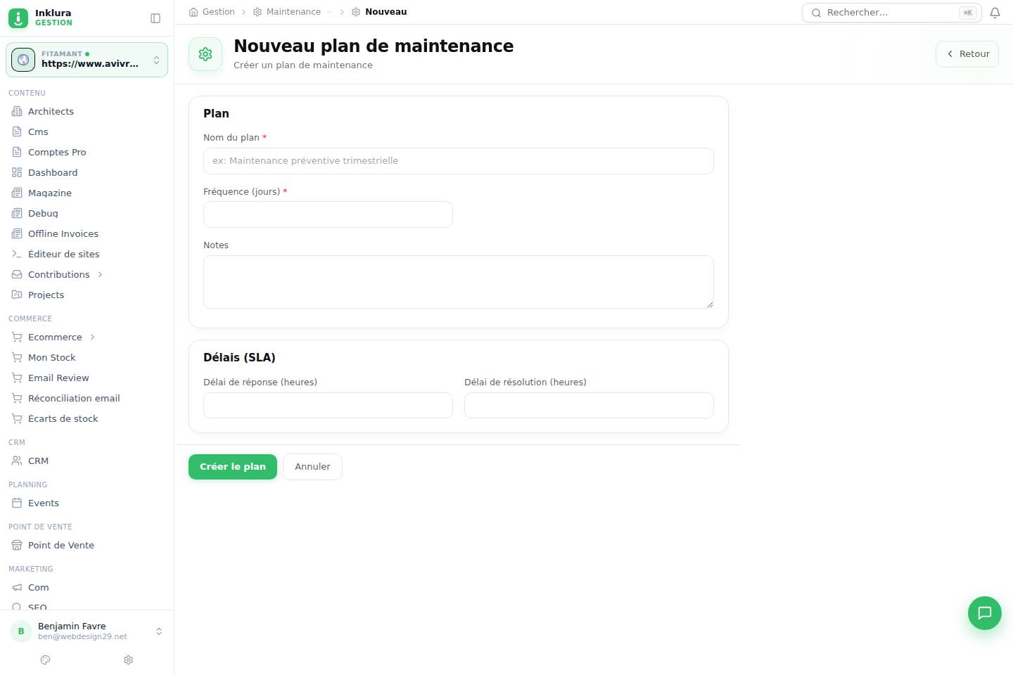 Maintenance — Créer — Vue d'ensemble