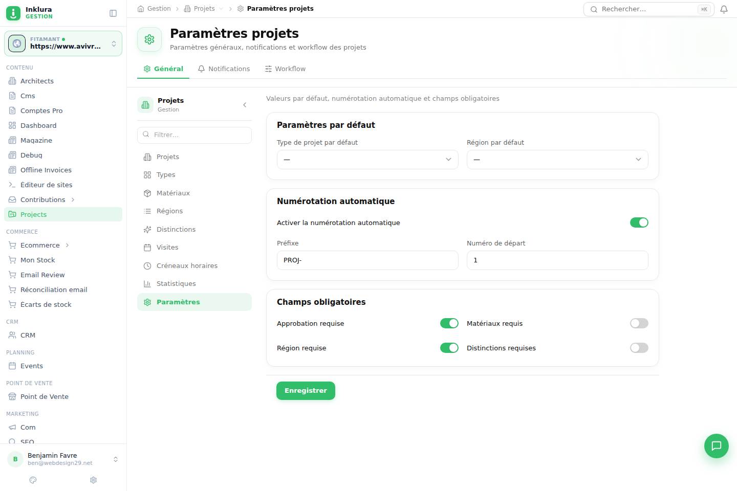 Projets — Réglages