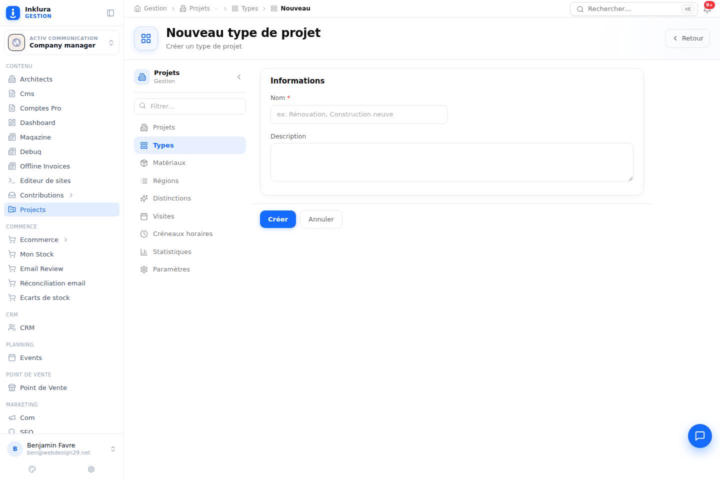 Projets — Créer — Types