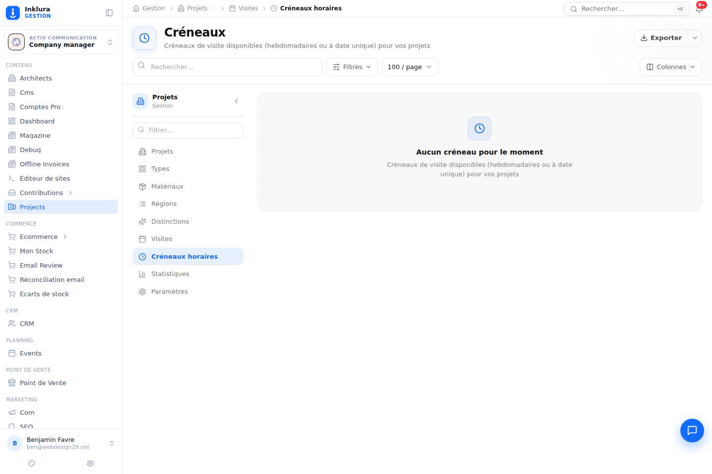 Projets — Gestion des visites · Créneaux horaires