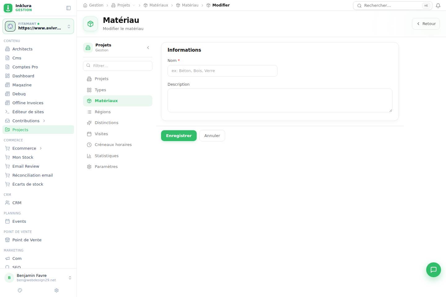 Projets — Modifier — Matériaux