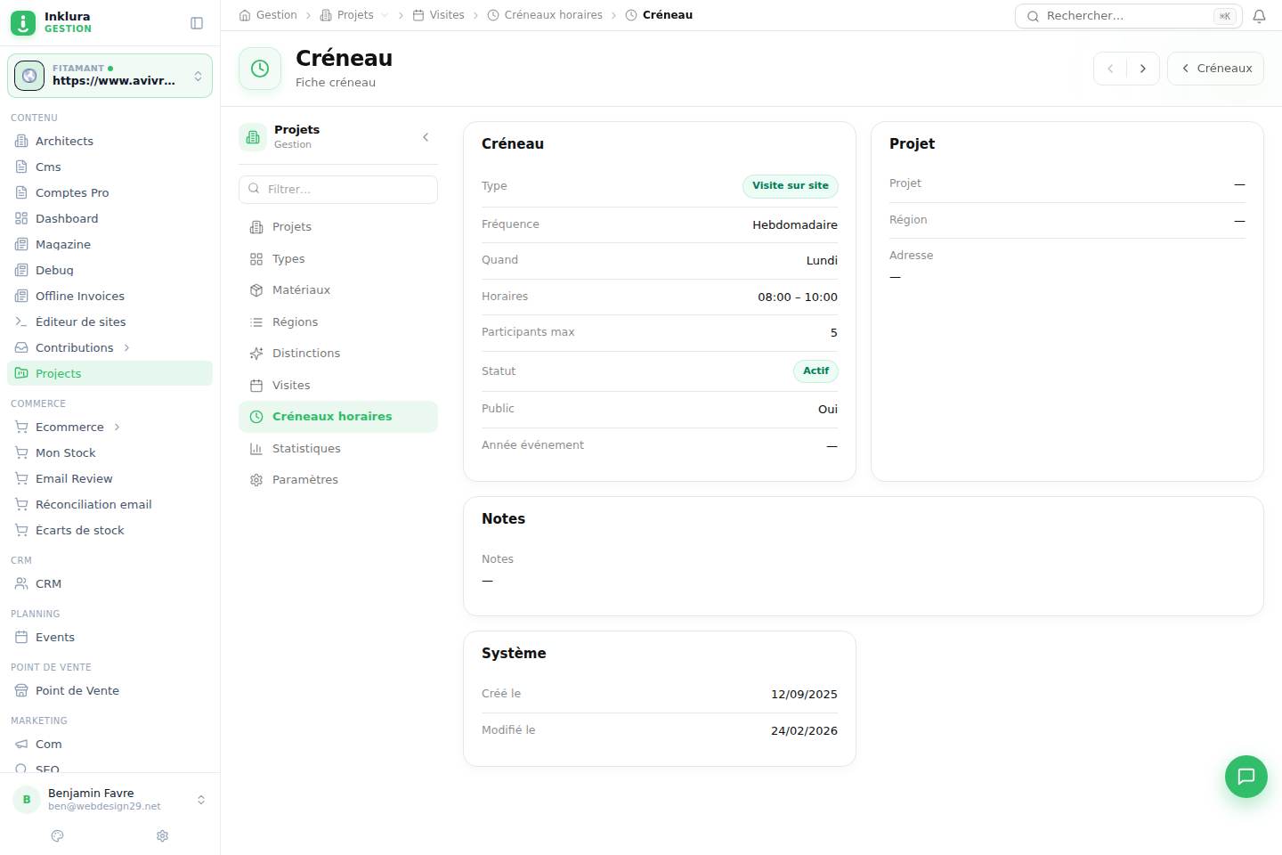 Projets — Fiche — Gestion des visites · Créneaux horaires