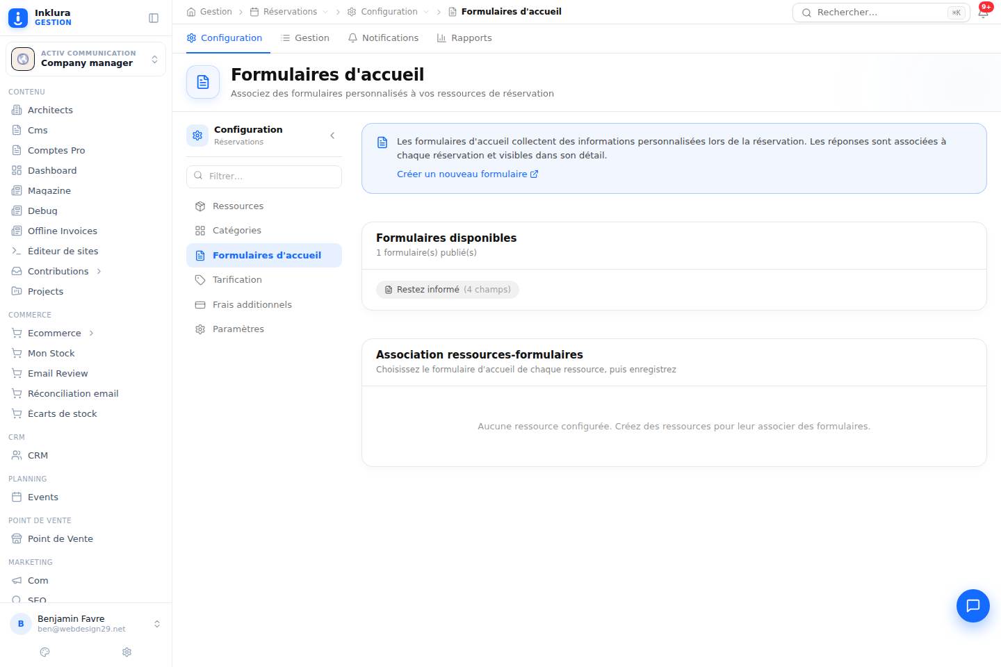 Réservations — Configuration · Formulaires