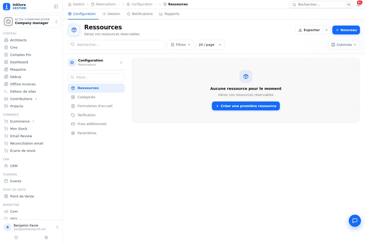 Réservations — Configuration · Ressources