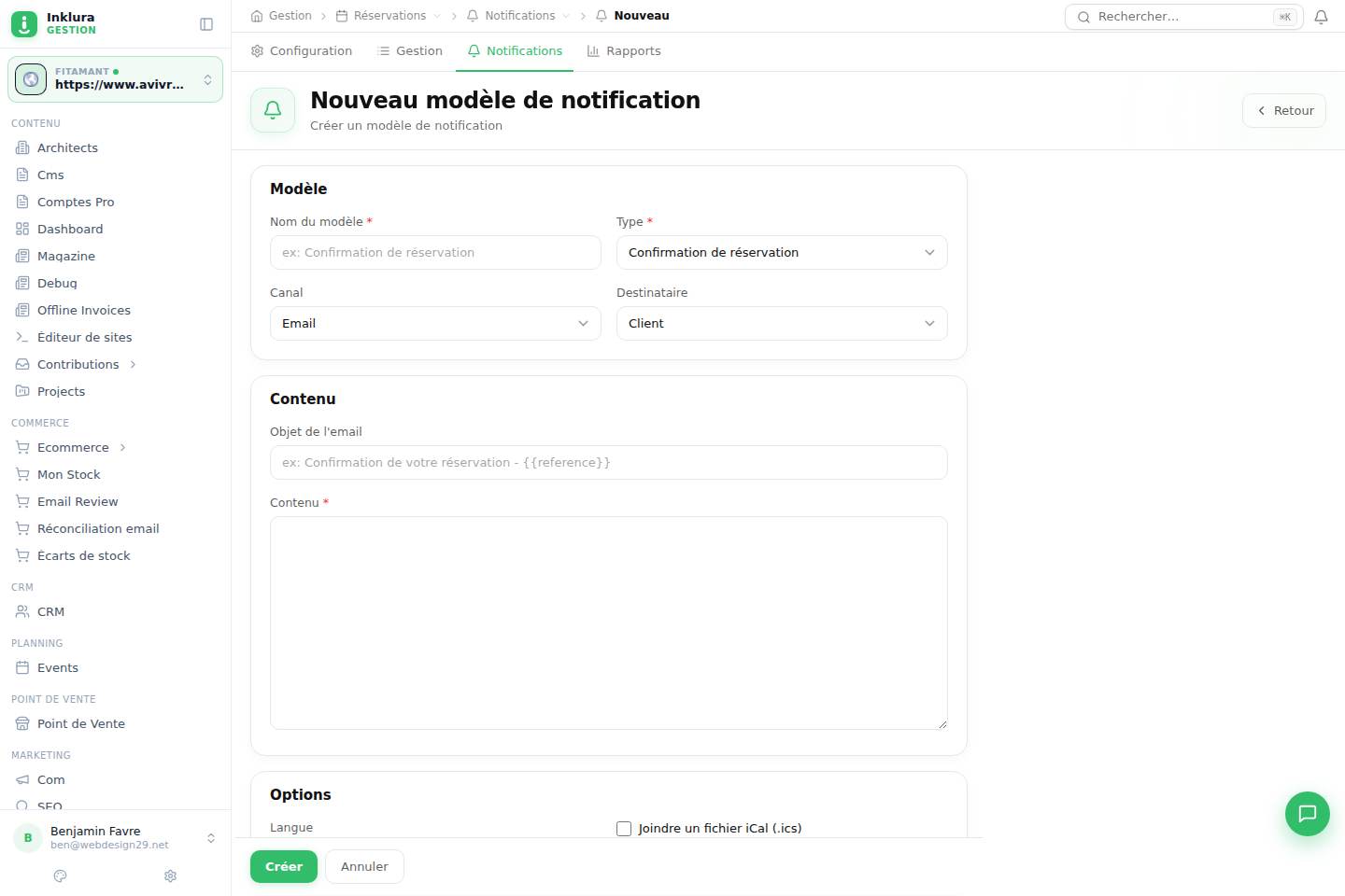 Réservations — Créer — Notifications · Modèles