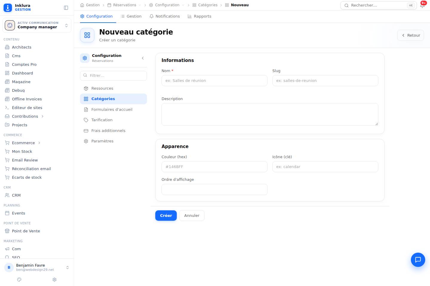 Réservations — Créer — Configuration · Catégories