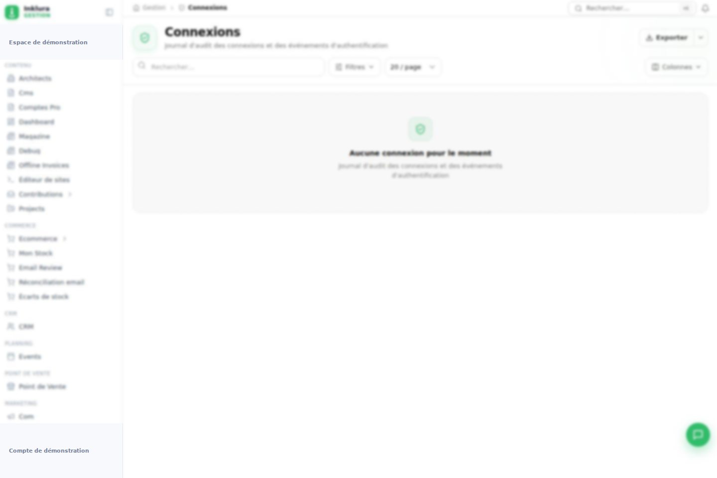 Interface réelle du module Connexions dans Inklura Manage