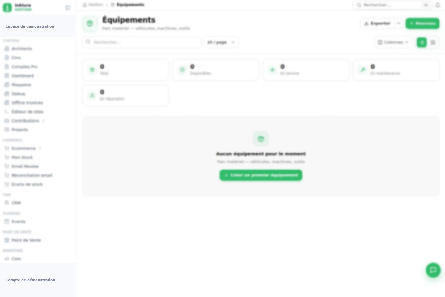 Interface réelle du module Équipements dans Inklura Manage