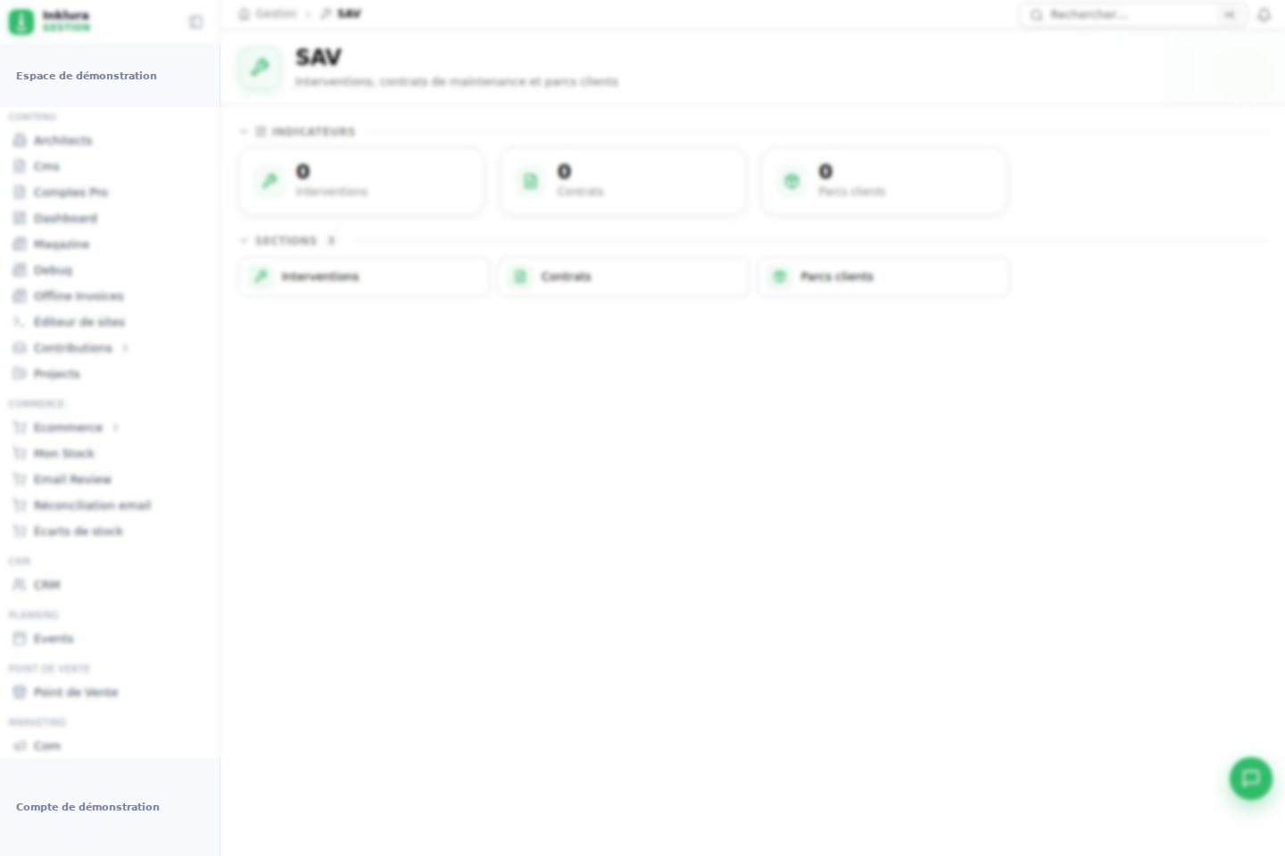 Interface réelle du module SAV & interventions dans Inklura Manage