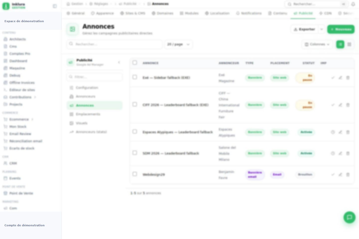 Interface réelle du module Google Ads dans Inklura Manage