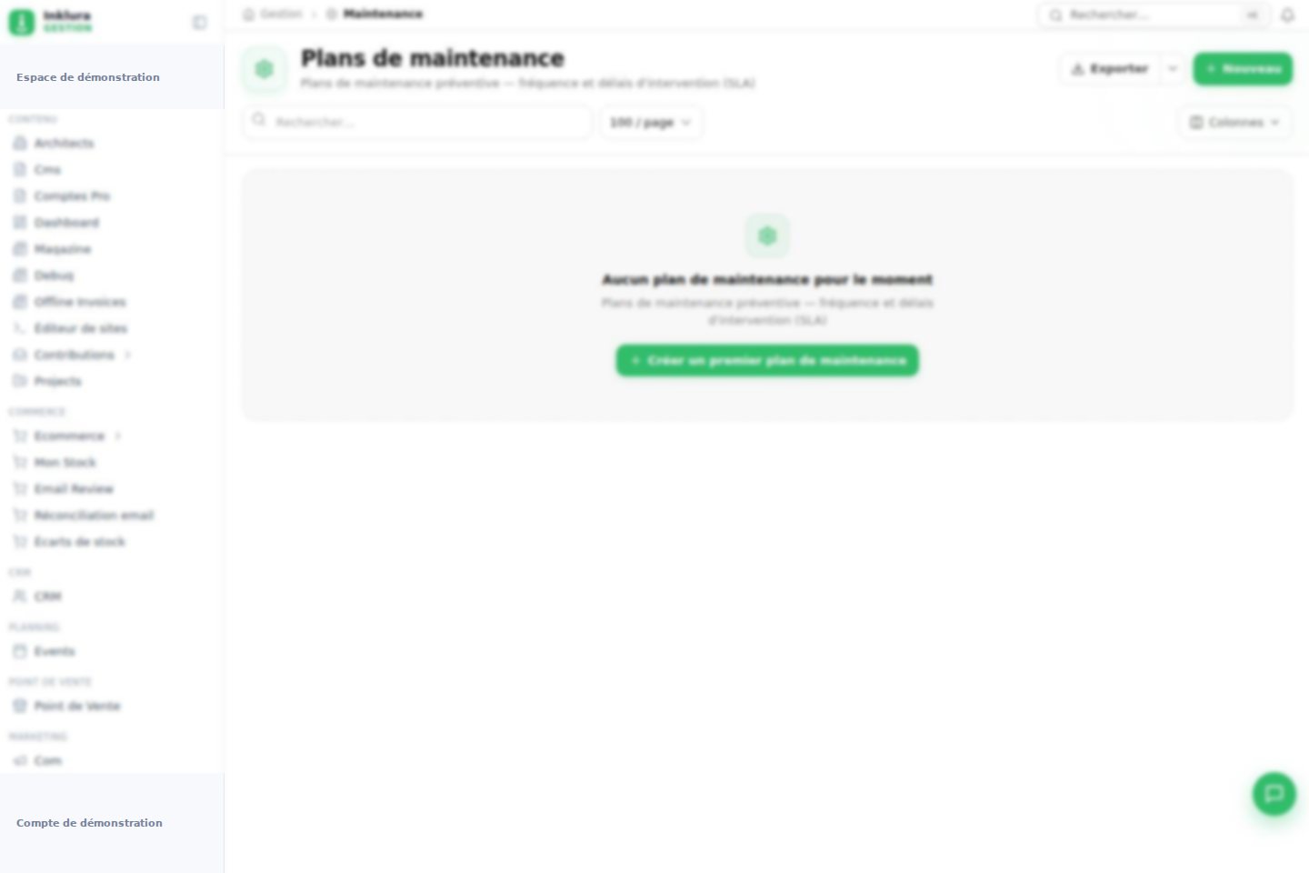 Interface réelle du module Maintenance dans Inklura Manage
