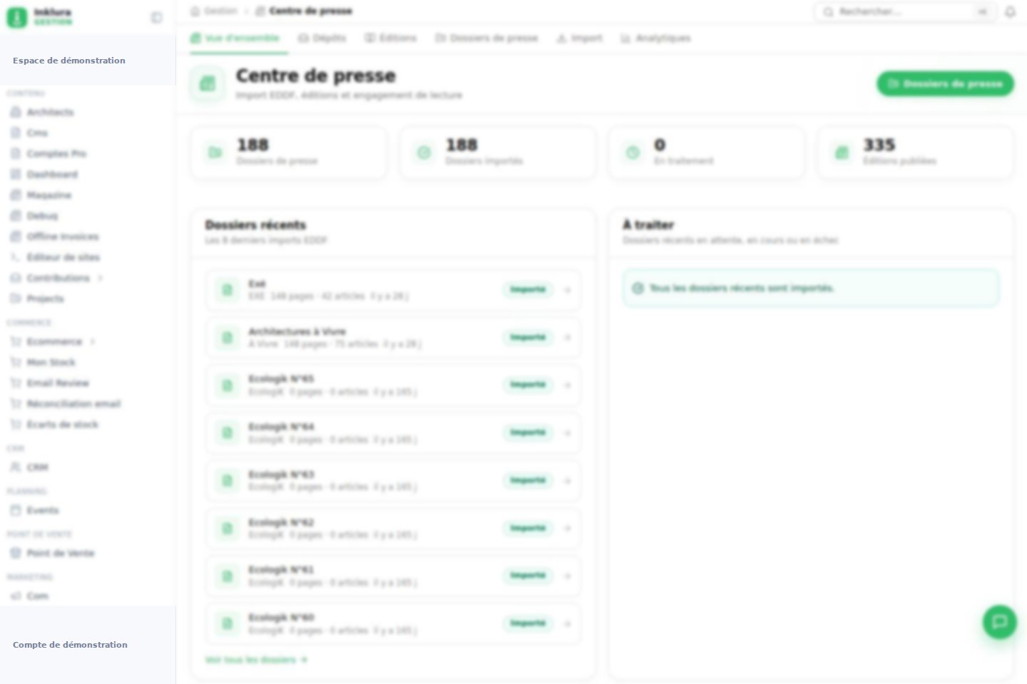 Interface réelle du module Centre de presse dans Inklura Manage