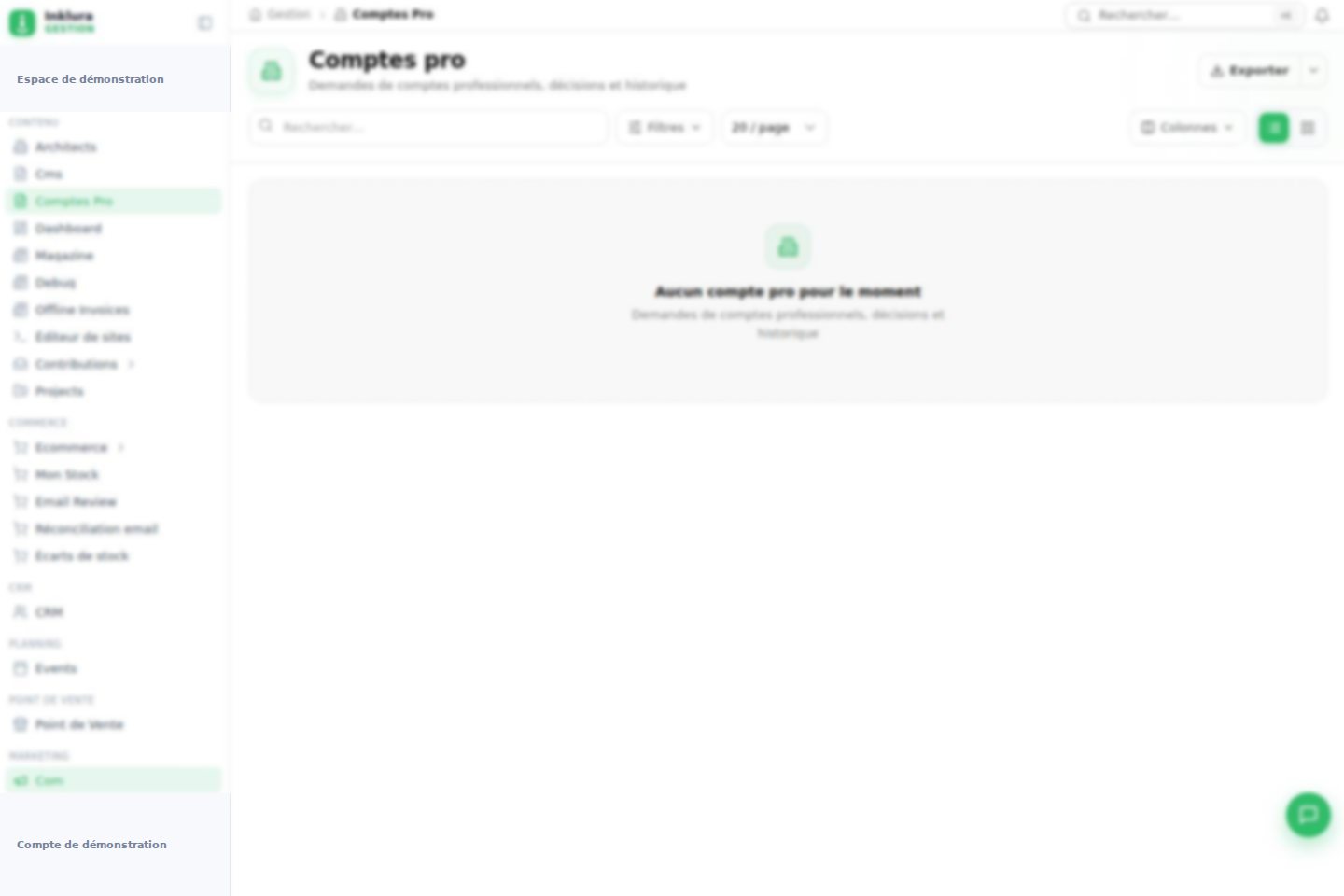 Interface réelle du module Comptes Pro dans Inklura Manage