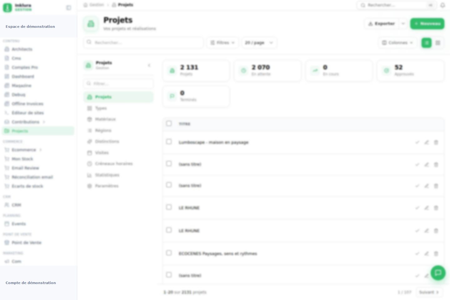 Interface réelle du module Projets dans Inklura Manage