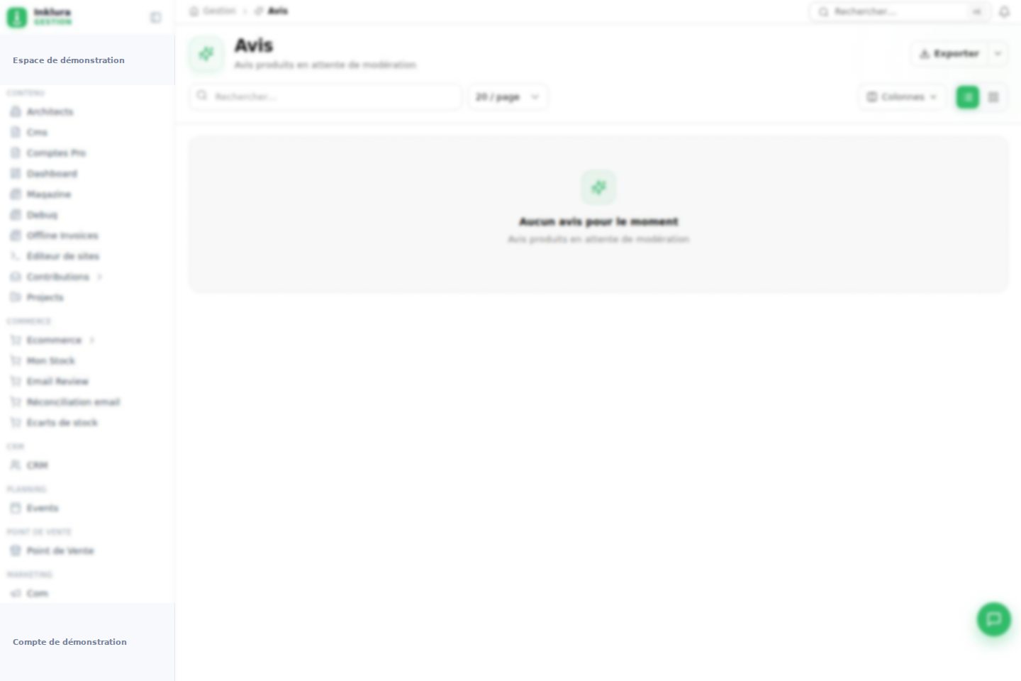Interface réelle du module Avis dans Inklura Manage