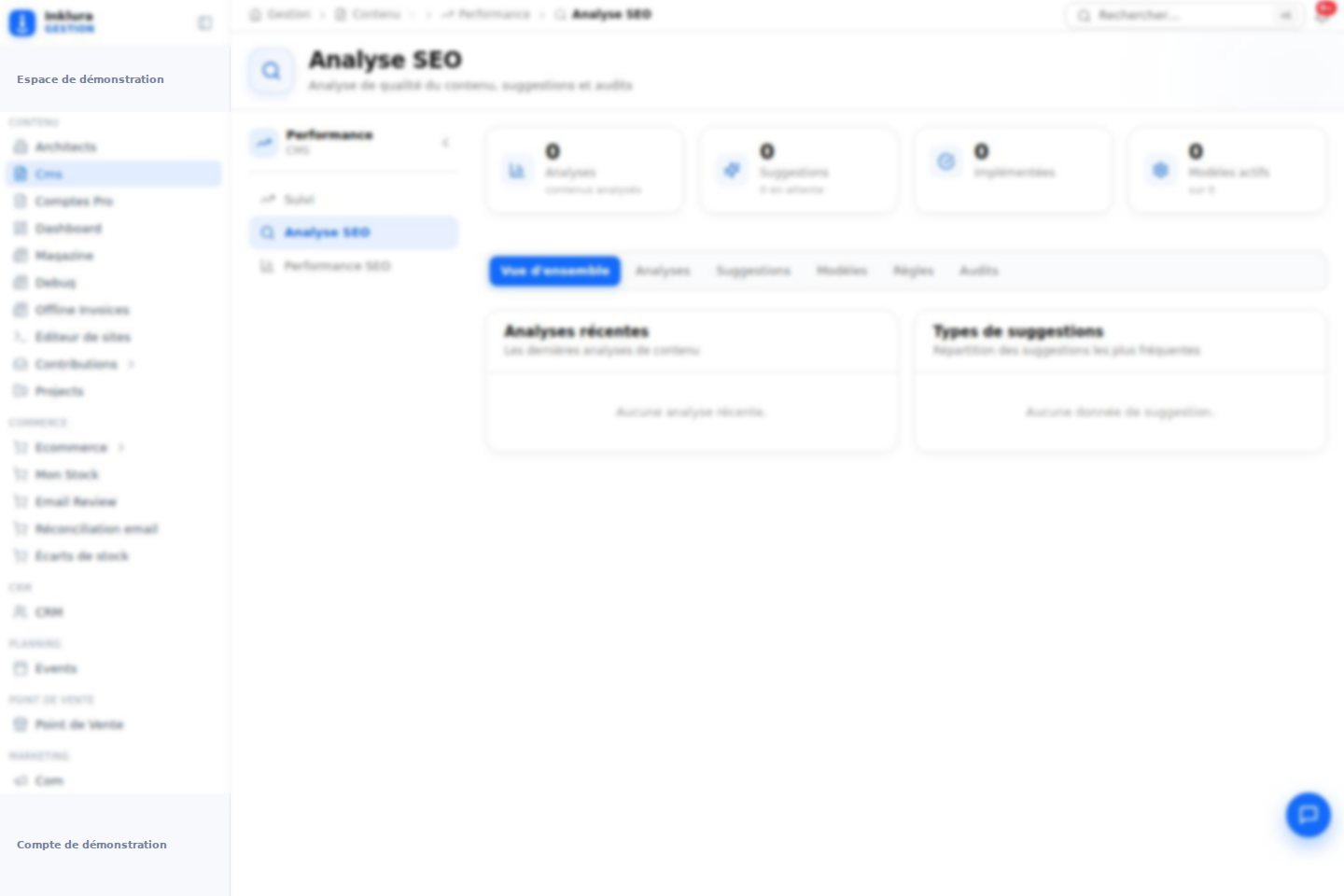Interface réelle du module SEO dans Inklura Manage