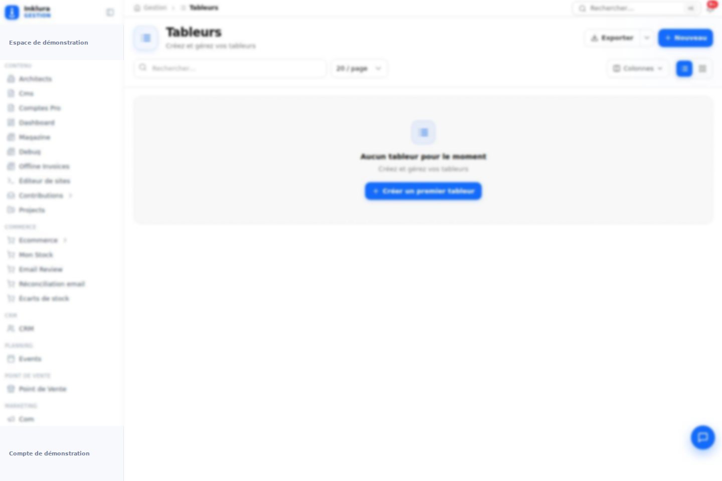 Interface réelle du module Tableurs dans Inklura Manage