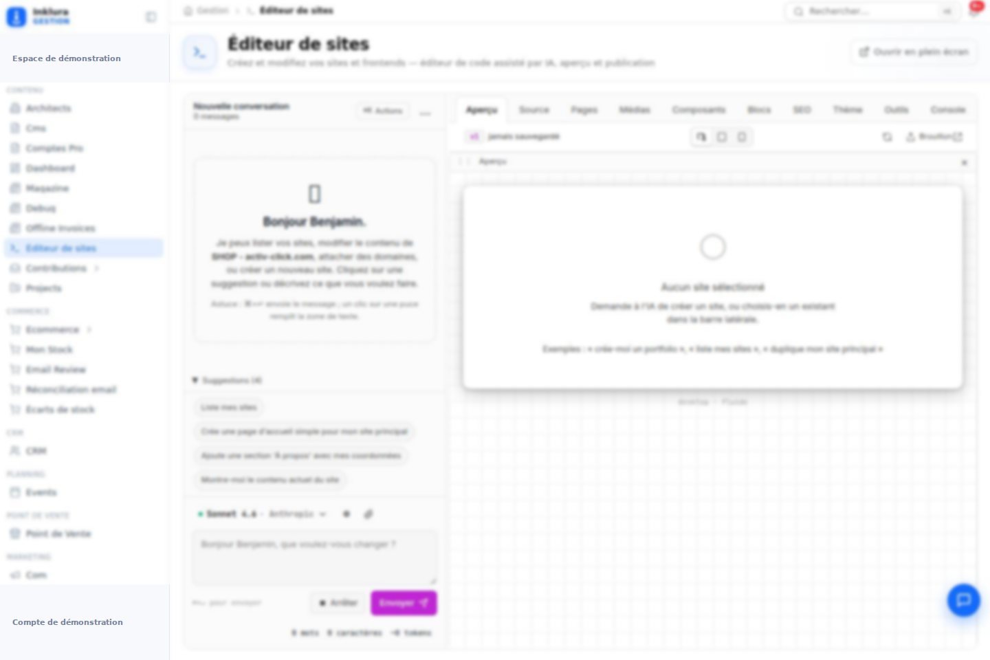 Interface réelle du module Éditeur de sites dans Inklura Manage