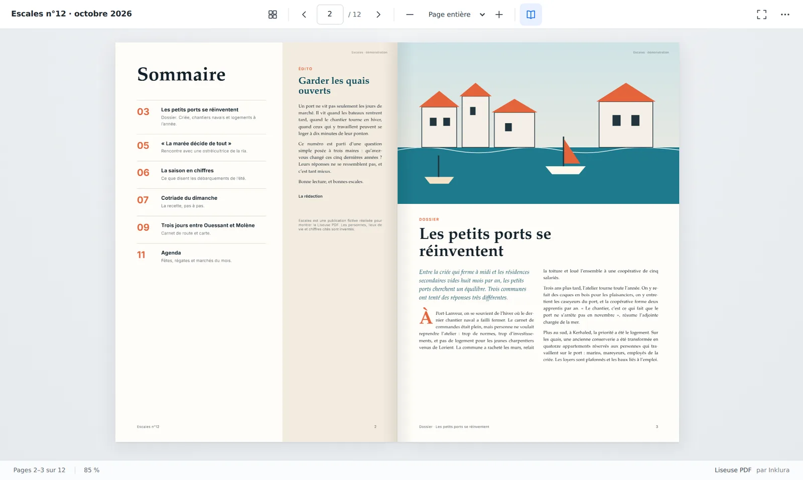 La revue de démonstration Escales affichée en double page dans la Liseuse PDF