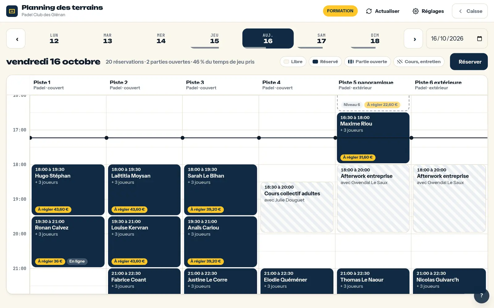 Planning des courts de la démo padel